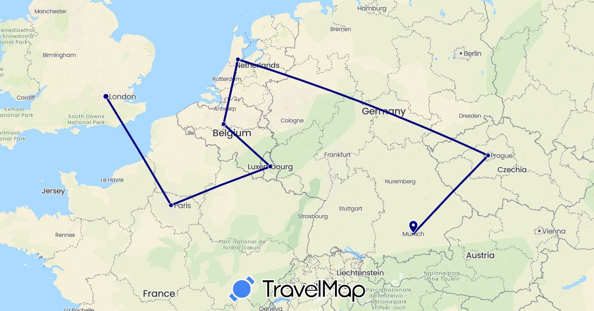 TravelMap itinerary: driving in Belgium, Czech Republic, Germany, France, United Kingdom, Luxembourg, Netherlands (Europe)
